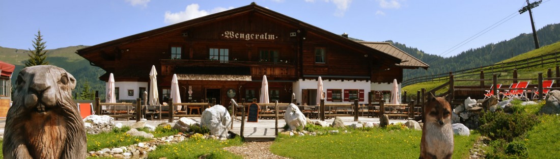 Die Wengeralm inmitten grüner Wälder und Wiesen im sommerlichen Gasteinertal